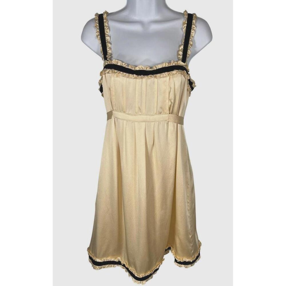VTG Y2k Betsey Johnson 100% Silk Milkmaid Dress -Champagne & Black Velvet Size 8